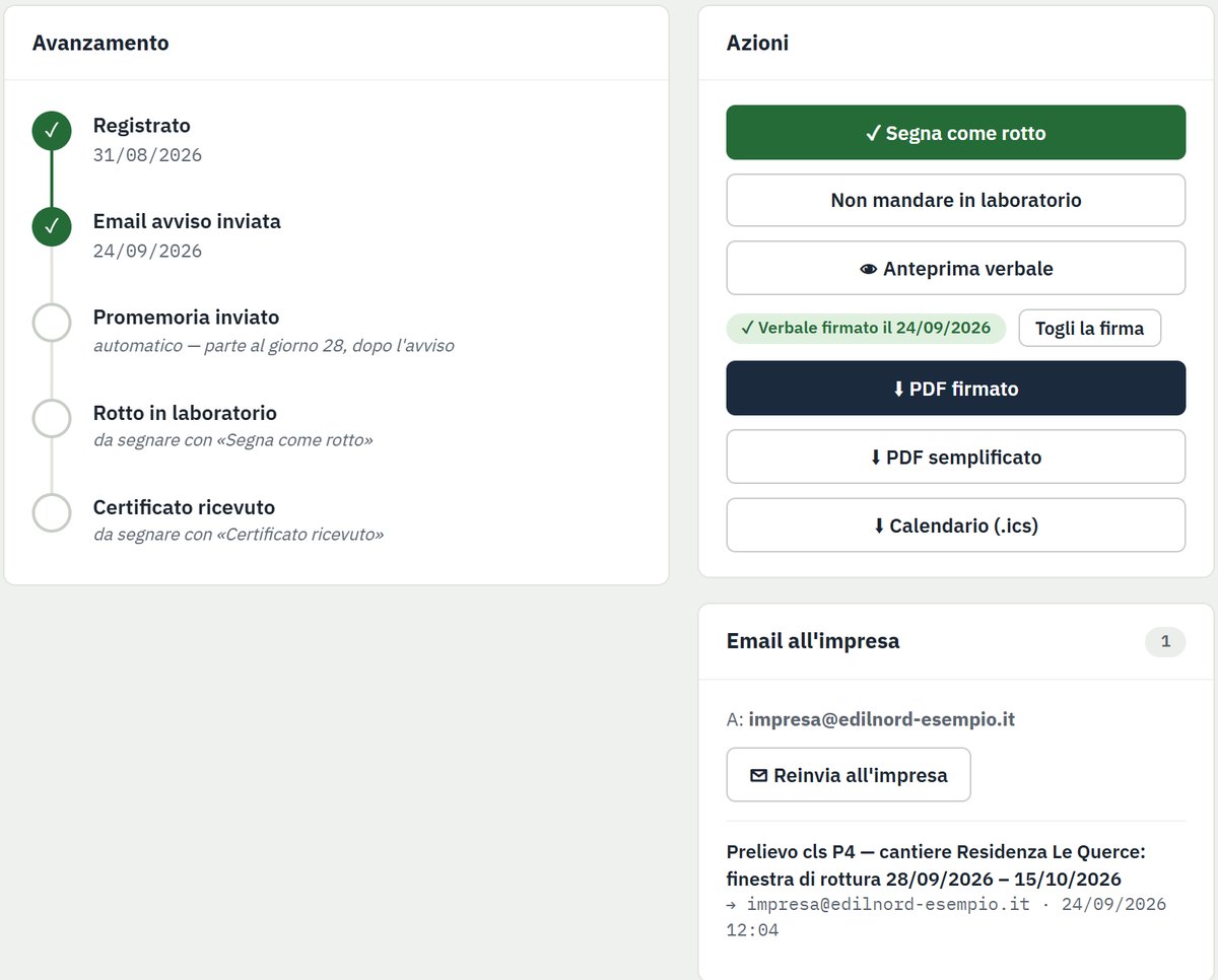 Il verbale firmato e l'email all'impresa in Cubetti